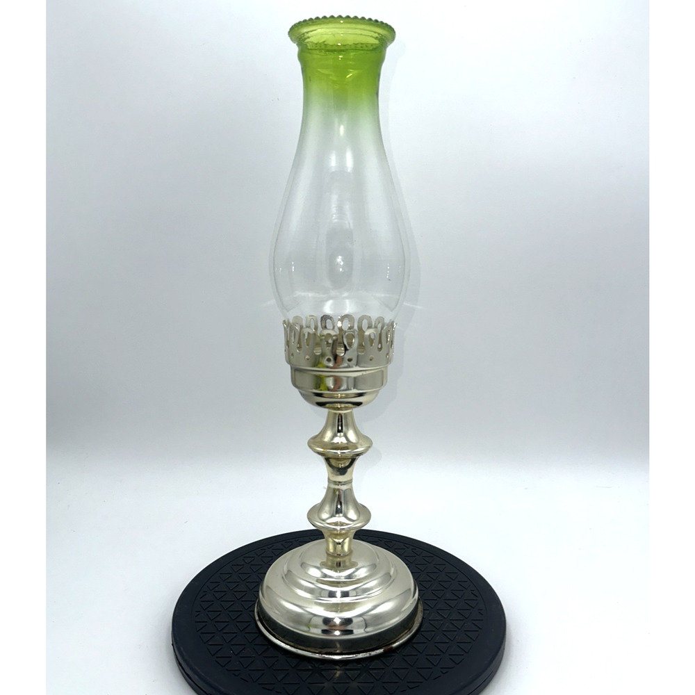 Vintage Candle Holder Clear Glass Green Rim Chimney 17” Tall